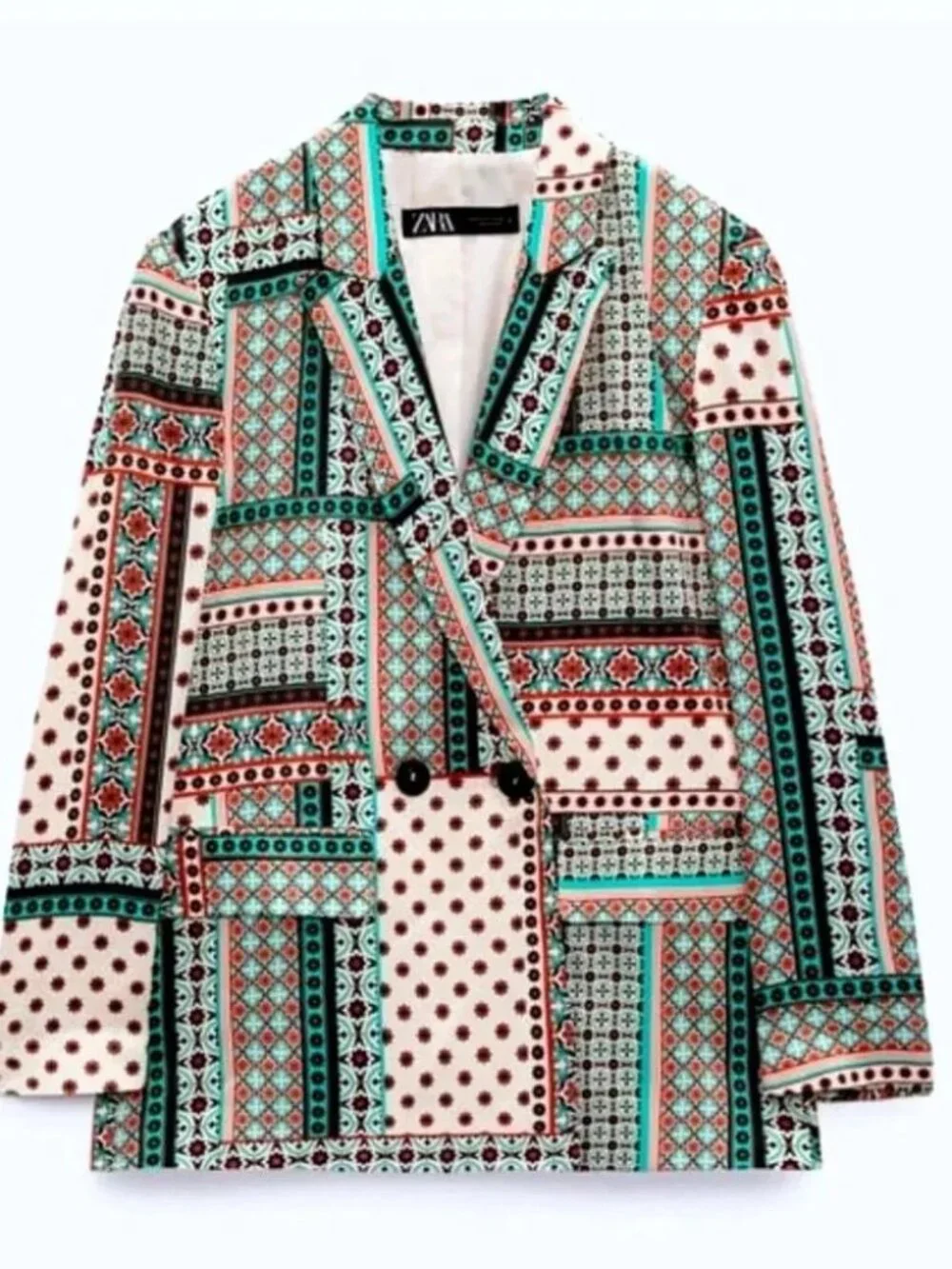 EUC Zara Retro Patchwork Printed Multicolor Satin-Effect Blazer XS